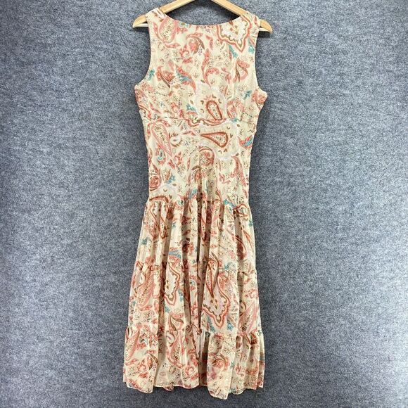 Dressbarn Dress Women 12 Beige Paisley Sheath Midi Lined V-Neck Sleeveless - Picture 2 of 8